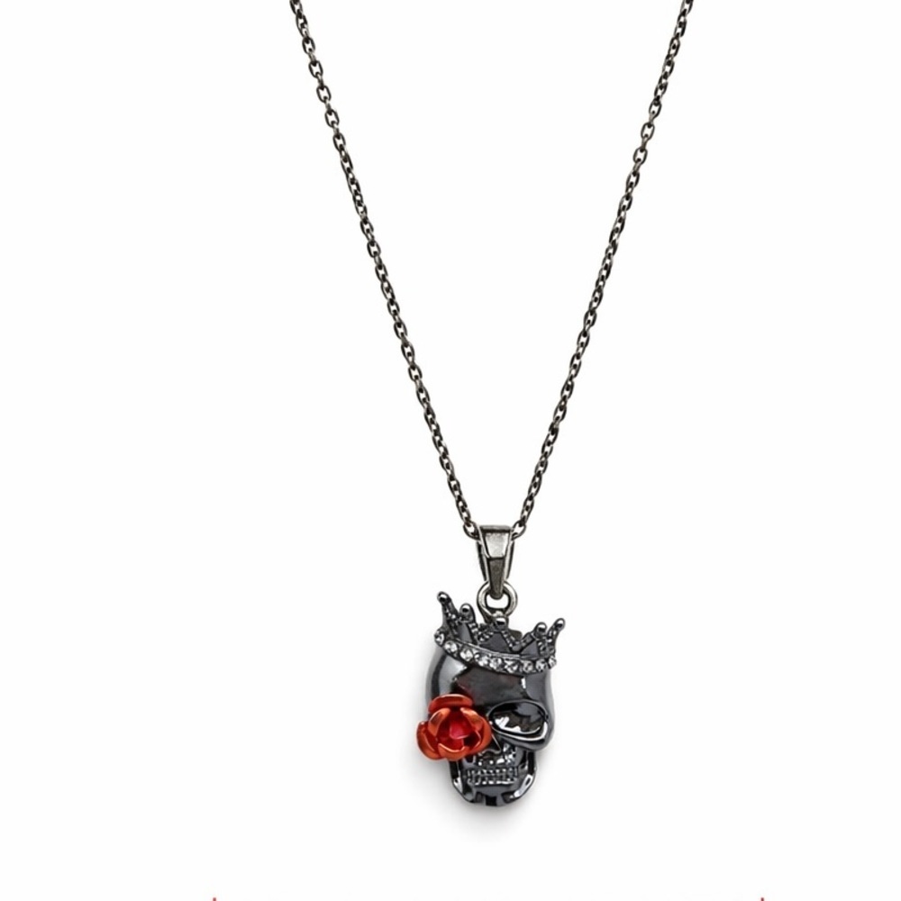Black Skull Necklace with Red Rose Accent – Gothic Punk Statement Pendant - Picture 1 of 6